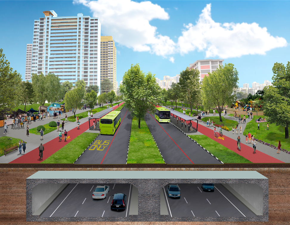 A cross-section of a city street with a tunnel below. Above: buses, pedestrians, trees, and buildings. Below: cars in a tunnel.
